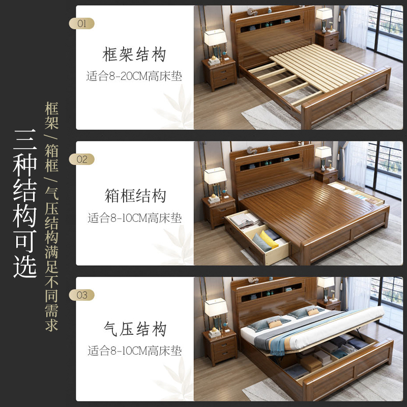 欧梵森 新中式胡桃木床实木床双人床1.8米床1.5m床现代简约卧室主卧大床轻奢气压储物高箱现代婚床实木家具床高清大图