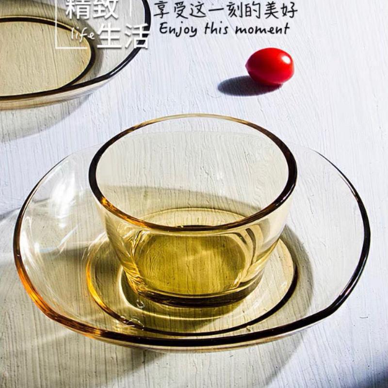 玻璃盘*1 北欧茶色耐热玻璃碗盘双耳碗圆盘花纹盘高硼硅