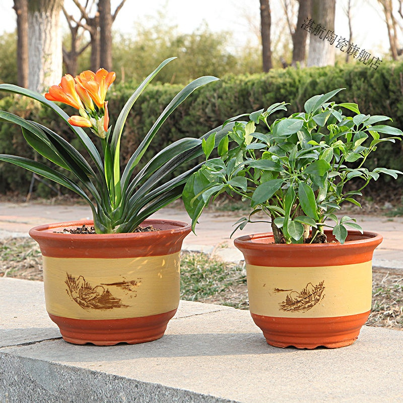 花盆陶瓷花盆特大号批发紫砂盆红陶花盆送托盘兰花盆落地花盆