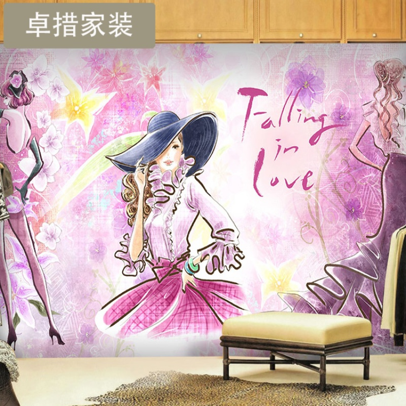 手绘水彩女孩大型壁画化妆美甲店美容院商用橱窗服装店墙纸壁纸壹德壹