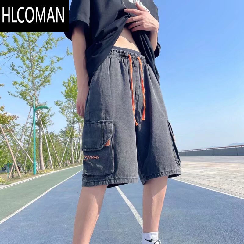 HLCOMAN复古水洗牛仔短裤男夏季潮牌嘻哈宽松五分裤多口袋松紧腰工装中裤高清大图