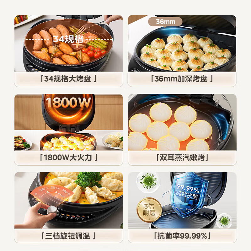 美的(Midea)电饼铛烤饼机家用35深盘双面加热大火力烙饼煎饼锅三明治早餐机蒸汽MC-JKE3475高清大图