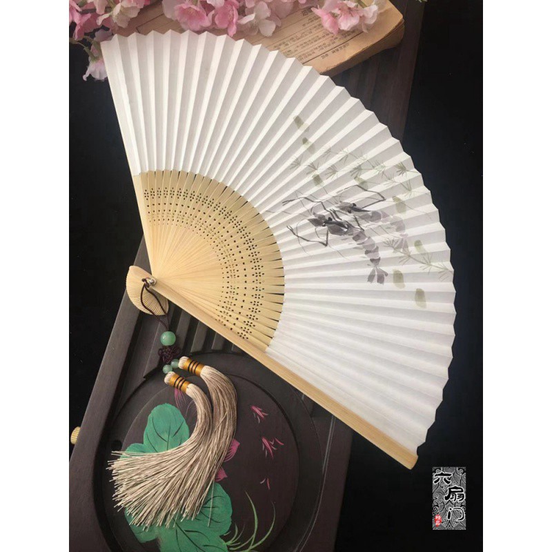 中国风古风扇子水墨禅意手绘双面串纸扇折扇子男扇女扇竹小礼品夏 三维工匠 藤鸟+双穗流苏高清大图