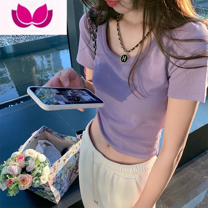 七斓正肩短袖t恤女夏季新款韩版百搭小个子短款修身显瘦上衣潮