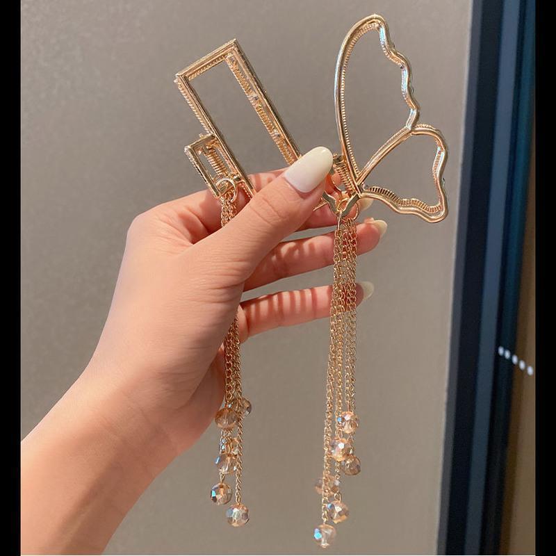 2个流苏透明珠珠抓夹夹头发抓夹发夹金属头饰后脑勺吊坠抓发夹子半圆