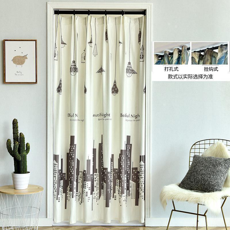 家柏饰(CORATED)帘布艺卧室厨房家用免打孔空调挡风保暖布帘简约北欧风隔断帘子 灯火咖(白底)-挂钩式(TH) (门内宽1.1-1.4米用)帘宽2*高1.8米