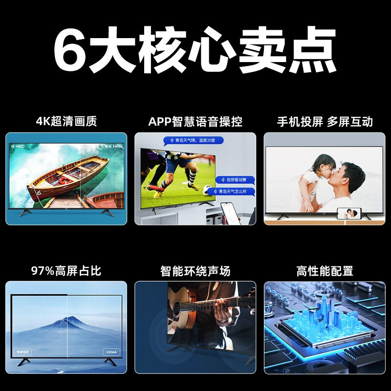 海信Vidda 50英寸 4K超高清 超薄全面屏 1.5G+8G HDR智慧屏 50V1F-R 护眼教育电视