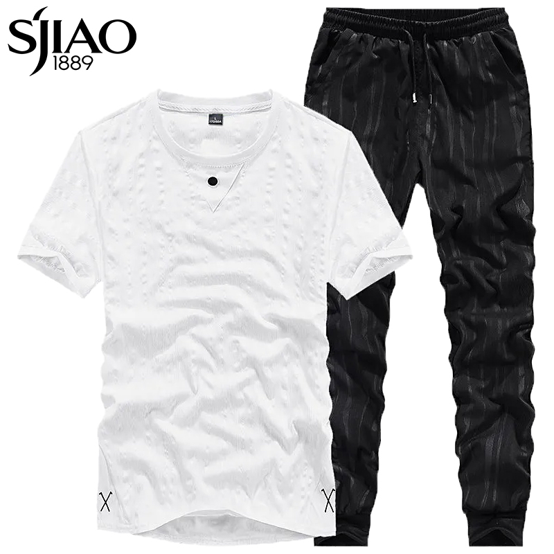 圣吉奥夏季新款冰丝套装男青年潮流休闲短袖t恤长裤运动服两件套