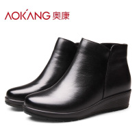 奥康女鞋冬季切尔西短靴女牛皮高帮踝靴女士加绒保暖棉鞋妈妈棉皮靴 黑色 38码