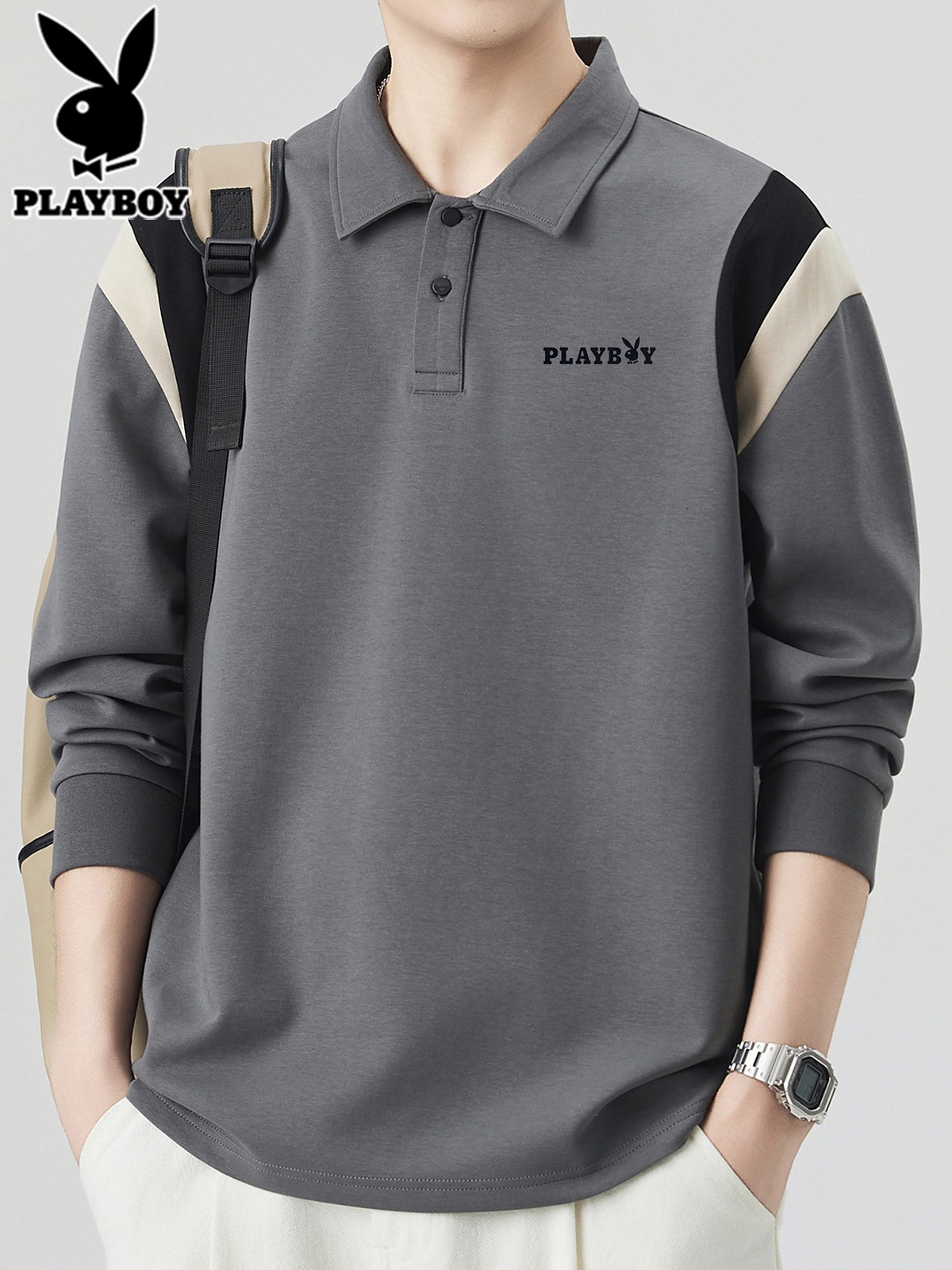 花花公子翻领长袖t恤男士上衣秋季新款高级感撞色休闲Polo衫男装