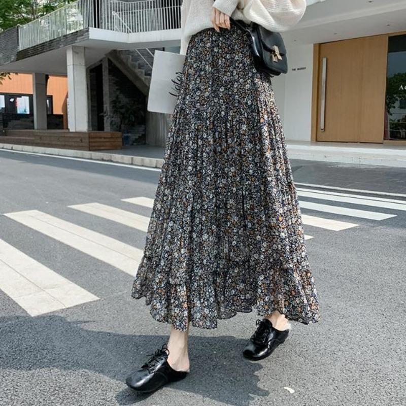 2021夏季新款松紧高腰小碎花雪纺半身裙仙女长裙大摆飘逸中长裙女 花色 S 85-100斤