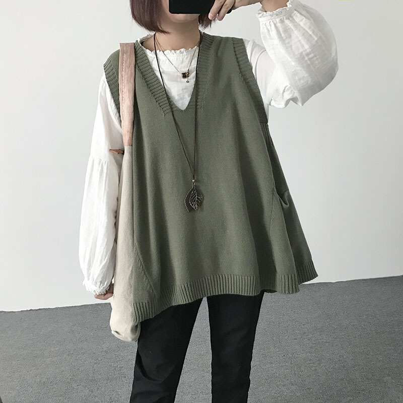毛线背心女针织马甲宽松韩版V领中长款百搭显瘦上衣文艺坎肩马夹 桔色 均码