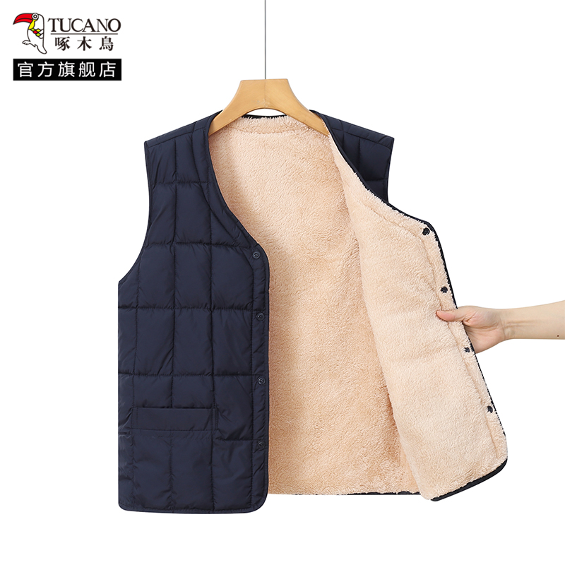 啄木鸟中老年羽绒棉马甲男士2024冬季新加绒加厚爸爸保暖背心绒0高清大图