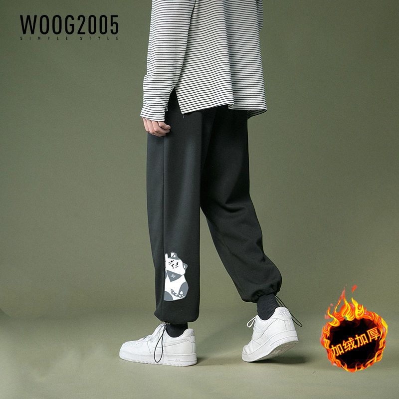 WOOG2005运动卫裤男士秋冬季裤子宽松加绒加厚休闲长裤潮流束脚裤