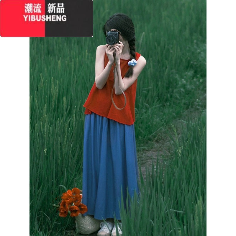 YIBUSHENG季女装多巴胺一整套森系田园风小清新甜美穿搭吊带连衣裙子套装