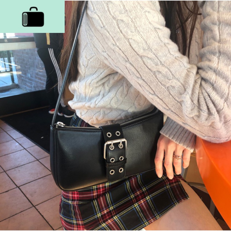 复古冷淡风皮扣设计腋下黑法棍包包女2020早春新款百搭单肩挎包潮NEW LAKE 黑色收藏优先发货女士单肩包