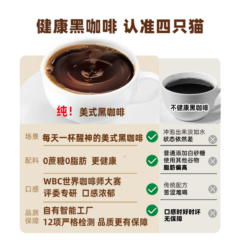 四只猫美式黑咖啡120包大份囤货装 0蔗糖速溶黑咖啡 赠奶黄杯高清大图