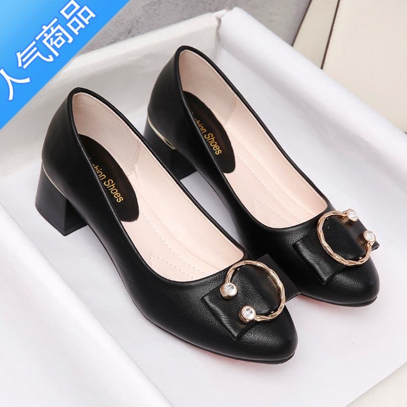 SUNTEK中年妈妈鞋春秋款软底舒适浅口单鞋女夏豆豆鞋2023新款粗跟高跟鞋图片