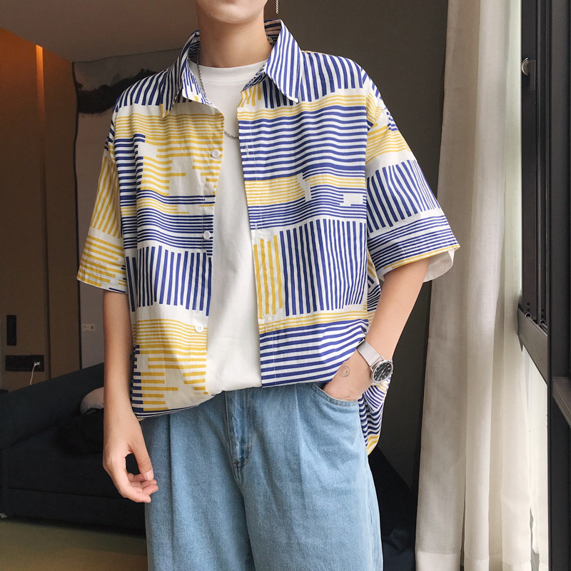 夏款文艺小清新港风宽松短袖衬衫韩版时尚日系复古男士条纹寸衣服
