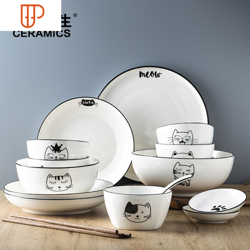 日式卡通碗碟家用餐具陶瓷盘子个性创意碗盘勺套装吃饭米饭碗汤碗国泰
