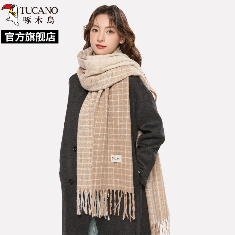 啄木鸟2024冬新款双面棕色格子围巾女保暖高级感韩版加厚保暖围面高清大图