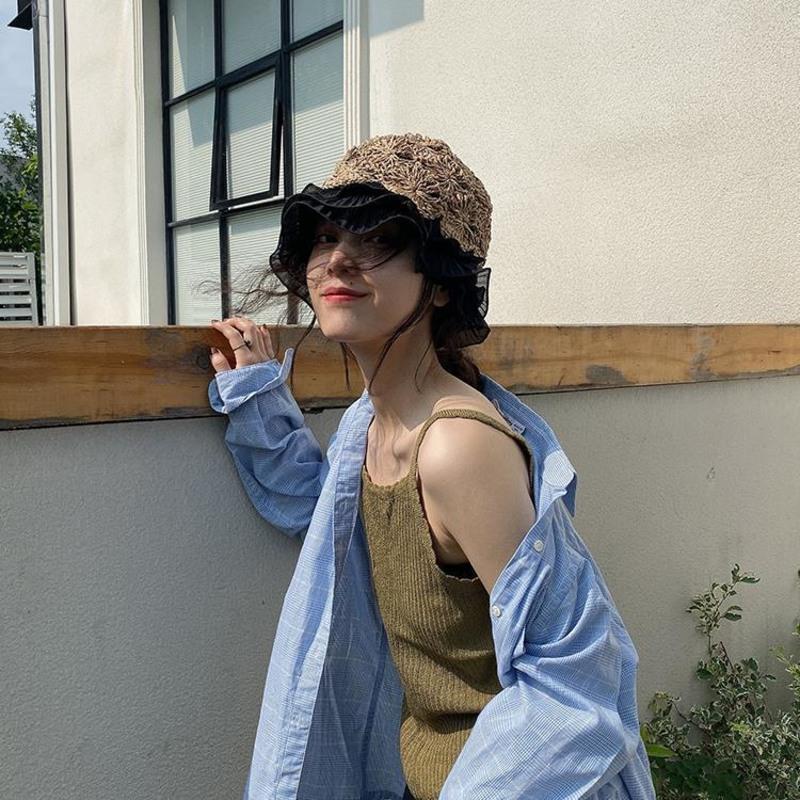蕾丝草帽女小清新韩版百搭防晒遮阳水桶帽子小沿夏季小檐个性装饰