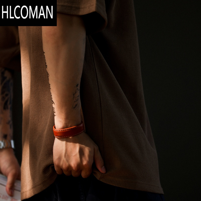 HLCOMAN 美式休闲华夫格短袖T恤男肌理感宽松简约圆领落肩打底衫