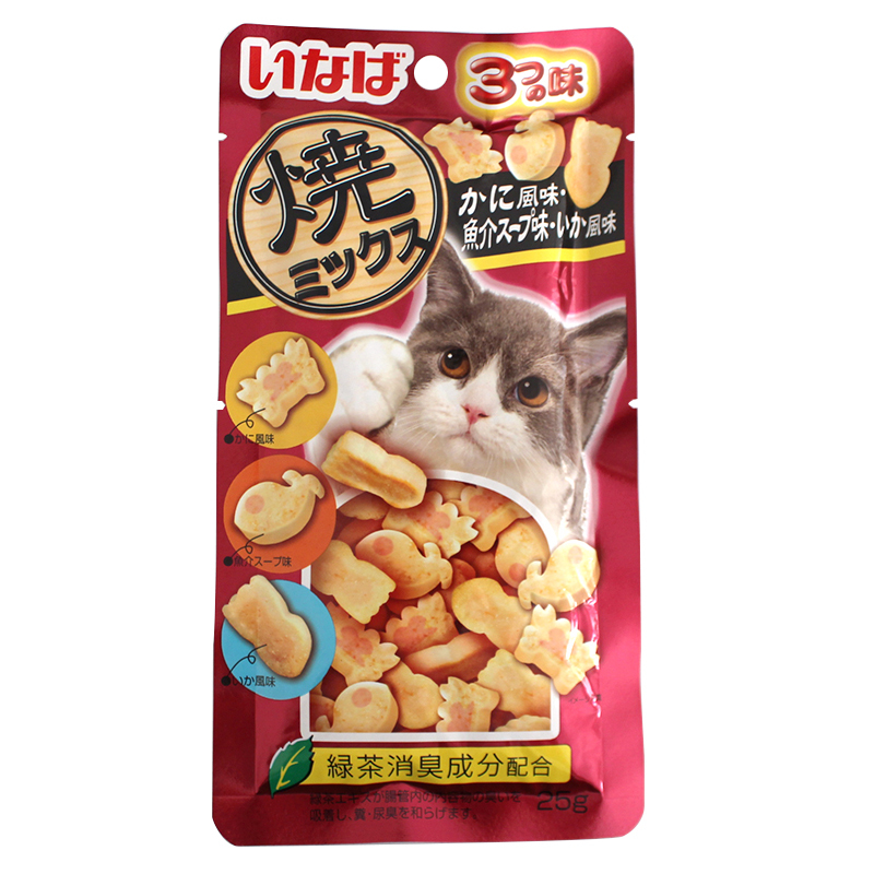 伊纳宝妙好猫零食烤海鲜小鱼饼干宠物猫咪磨牙零食冻干猫粮 蟹味+鲣鱼节+鱿鱼味25g 8袋