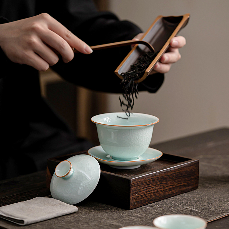 苏氏陶瓷(SUSHI CERAMICS)汝窑卵青 开片可养金线三才盖碗8茶杯高档礼盒装