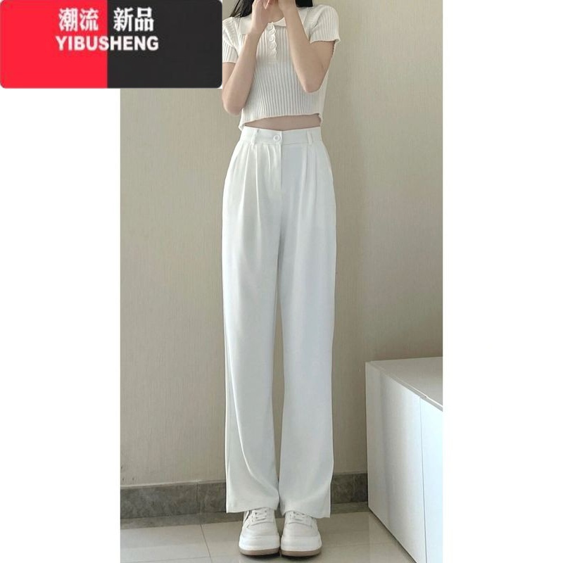 YIBUSHENG西装阔腿裤女春薄款黑色休闲裤小个子高腰显瘦直筒宽松垂感裤子