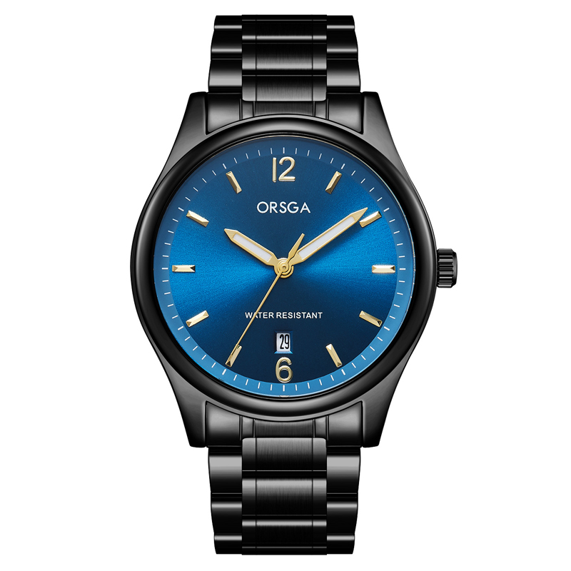 ORSGA手表男简约男士手表防水日历时尚休闲商务学生男表石英表腕表1159G 黑色钢带蓝面