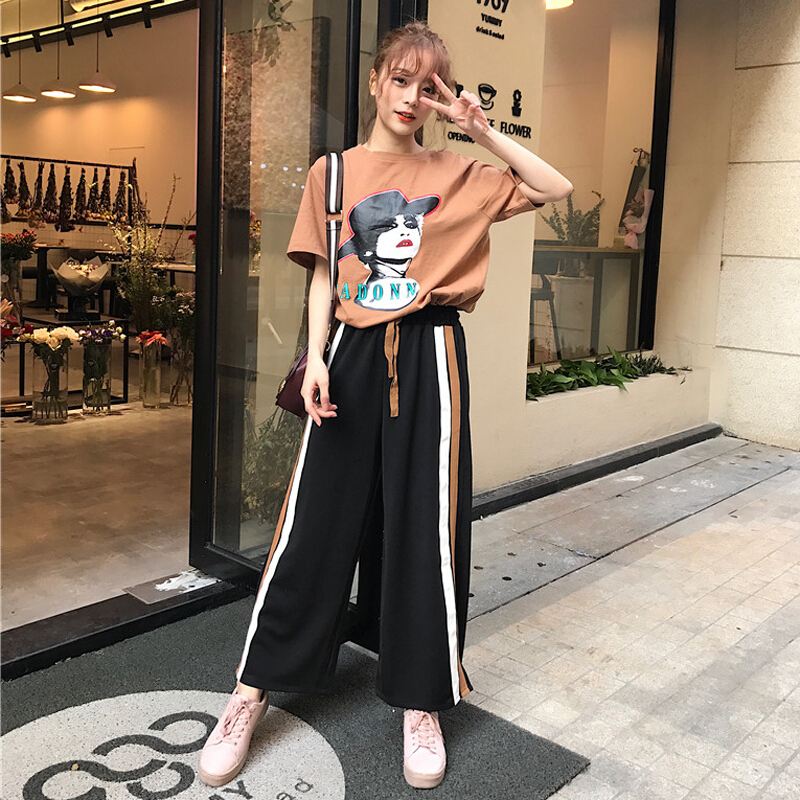 韩版运动休闲套装春夏女装短袖T恤学生打底上衣+开叉阔腿裤两件套卡其T+裤子均码