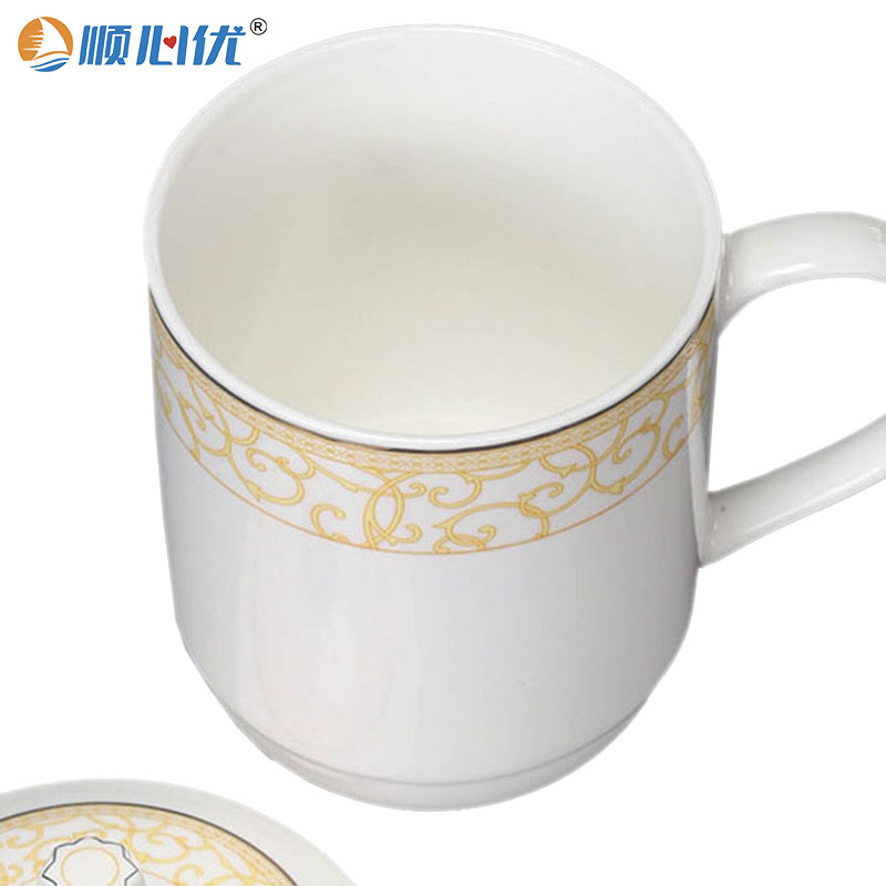 顺心优 陶瓷杯带盖金枝莲办公会议茶杯 380ml/个高清大图