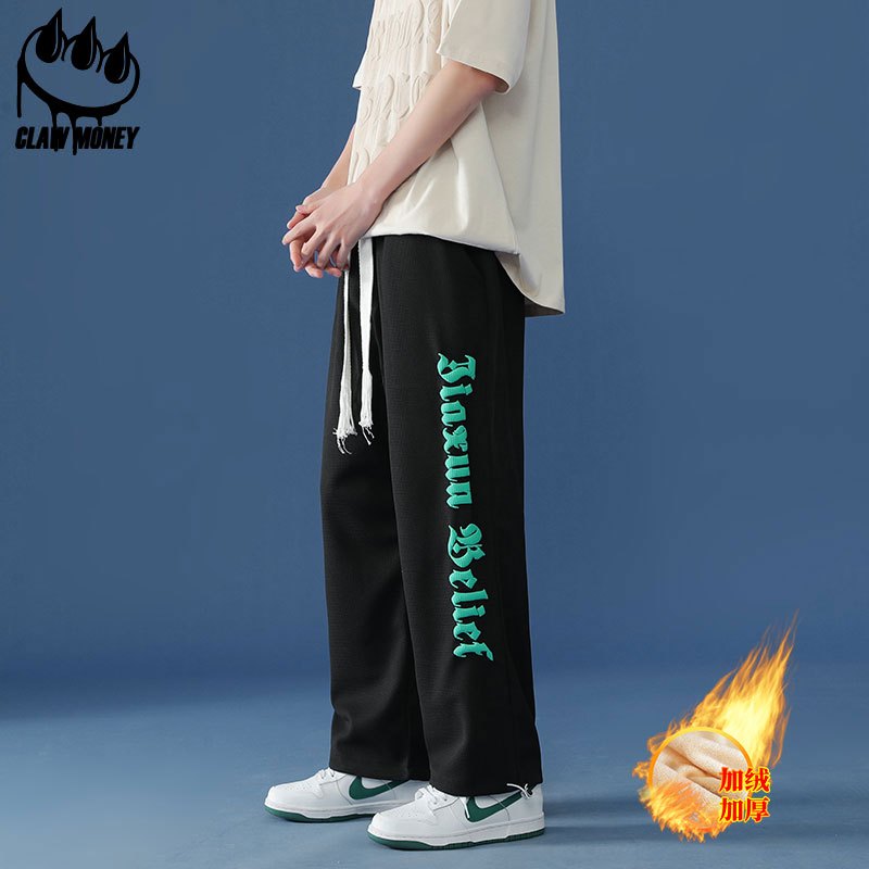 CLAW MONEY 休闲裤男夏季港风ins潮牌宽松九分裤抽绳针织束脚裤子