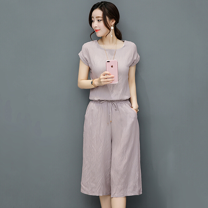 棉麻套装女夏季亚麻两件套七分阔腿裤宽松大码时尚休闲套装矮个子