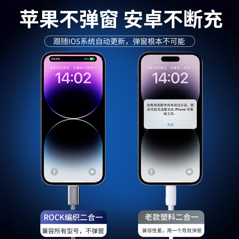 Rock Ape 苹果/type-c二合一充电线一拖二数据线支持iPhone14/13Pro/12 1.2米灰高清大图