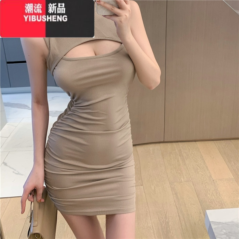 YIBUSHENG纯欲风辣妹显胸性感圆领无袖纯色包臀打底短裙子紧身吊带连衣裙女
