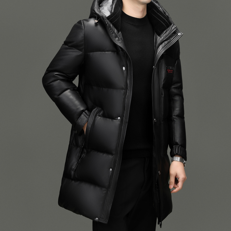 100头层真皮白鸭绒羽绒服皮夹克皮外套冬季加厚保暖中长款新款男装皮夹克海宁真皮绵羊皮高清大图