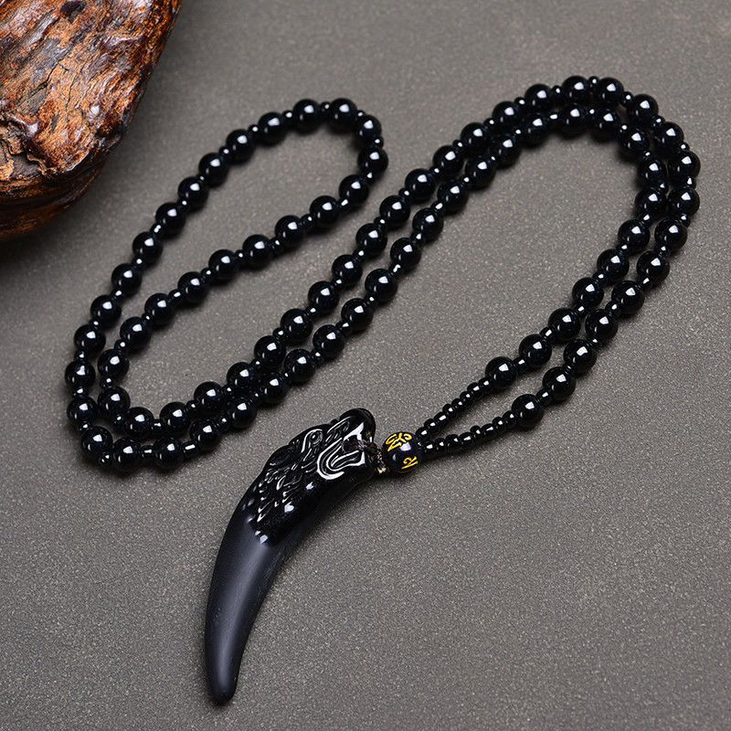 黑曜石狼牙吊坠项链男士情侣潮人个性霸气真护身符摸金符礼物单坠不含