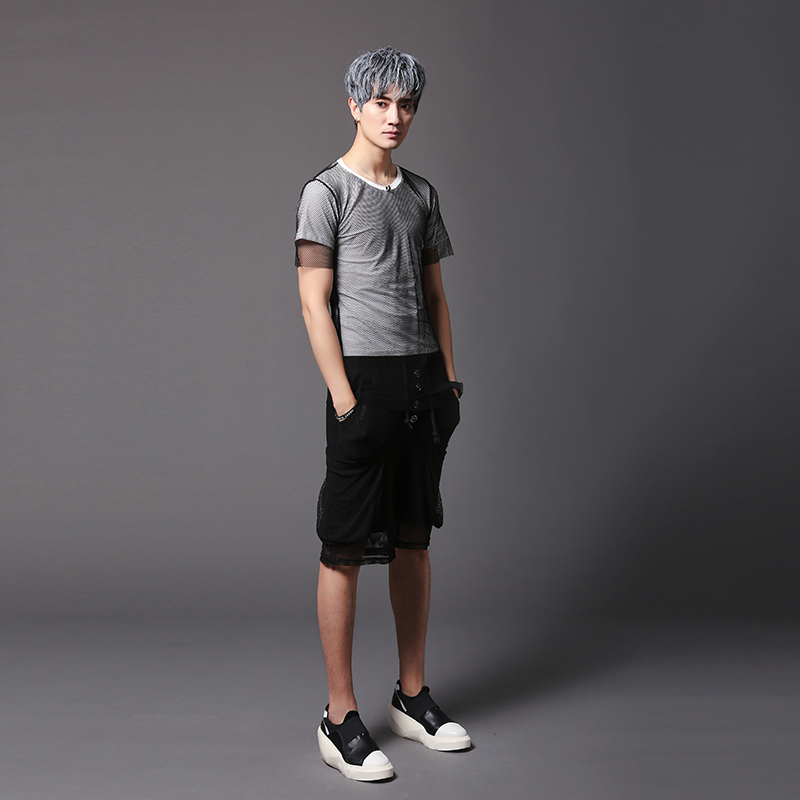 夏装男弹力演出假两件青年韩版朋克非主流修身型师拼接短袖T恤