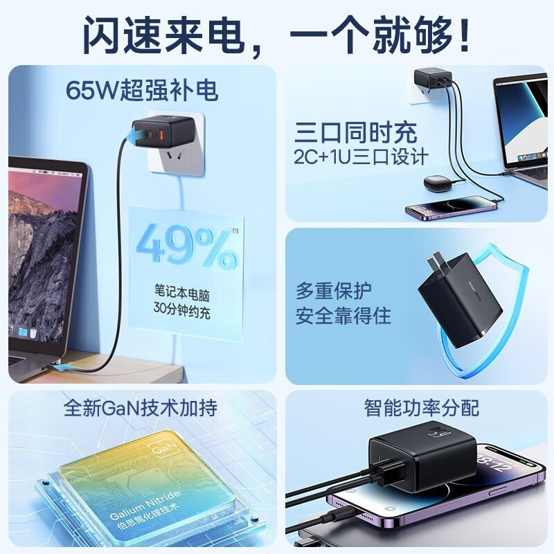 倍思(BASEUS) Type-C数据线6A/5A充电器线100W/66 [线充套装]2米线+65w氮化镓充电器。高清大图