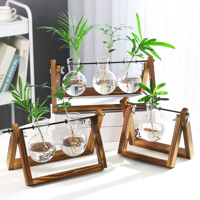 碳化高低架 不含植物|[创意木架水培花瓶]绿萝玻璃容器办公室内桌面绿植现代摆件装饰图片