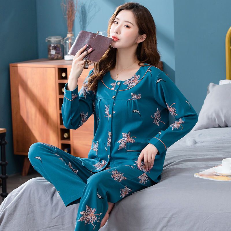 棉睡衣女秋夏款长袖开衫加大码中老年妈妈可外穿月子服套装