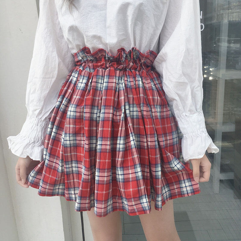 春夏女装韩版高腰花苞裙半身裙学生百搭显瘦复古格子A字裙短裙潮红格均码