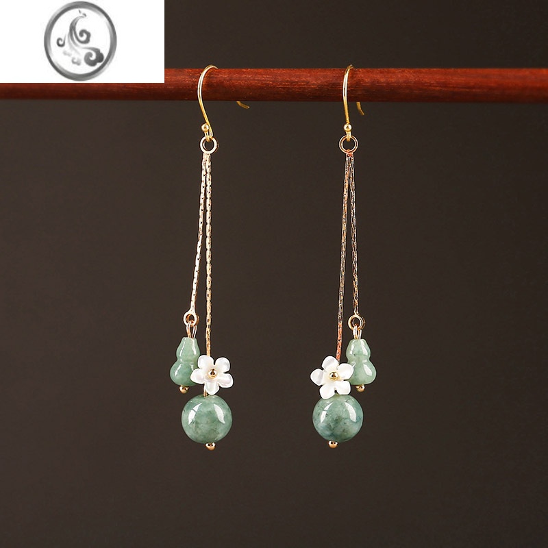 JiMi古风耳环长款气质翡翠耳坠配旗袍银银复古中国风耳饰女2023新款 铜合金耳钩