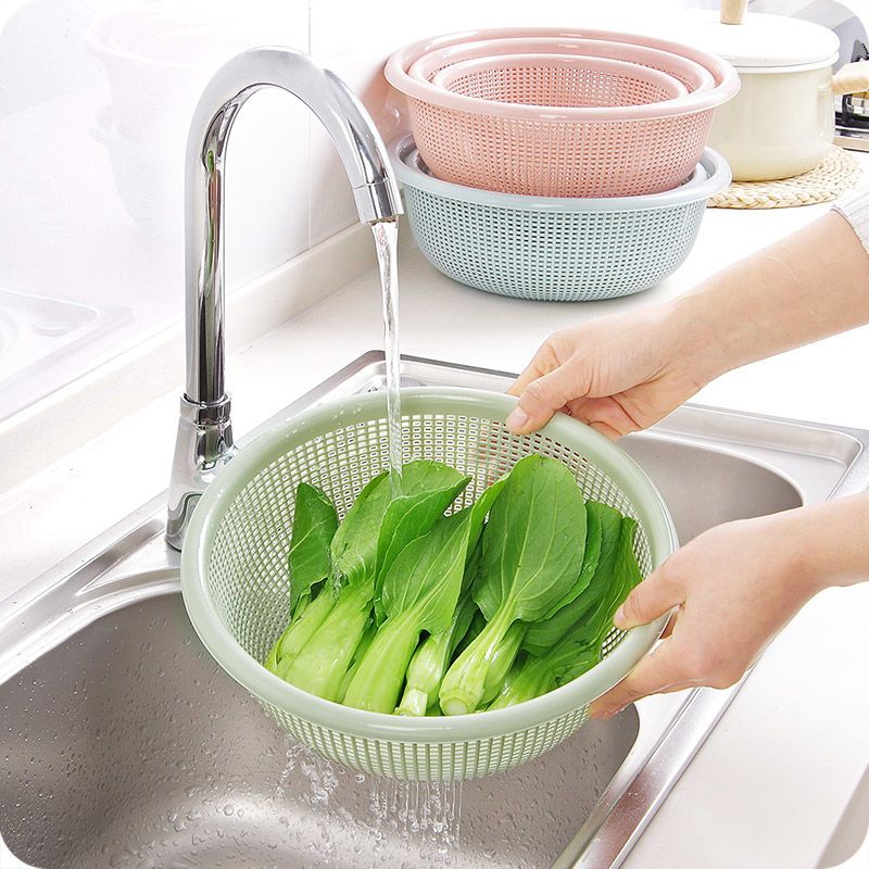 洗菜篮子塑料沥水漏菜盆家用厨房洗菜盆漏菜盆洗水果盆洗菜篮塑料 【蓝色】子母三件套【赠】钢丝球+饭勺