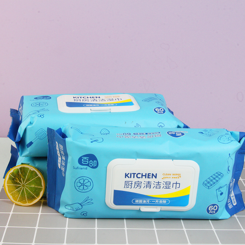 百邻厨房用纸清洁湿巾免洗去油清洁厨房油烟机湿巾纸清洁去油去污家用厨房用吸油烟机强力去油污湿纸巾60片*4包 共240抽