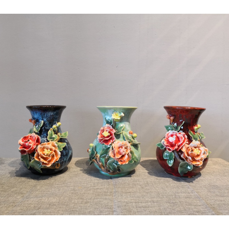 手工陶瓷花瓶水培植物干花客厅家居装饰小摆件石湾公仔 三维工匠 款九(蓝色广口牡丹)高清大图