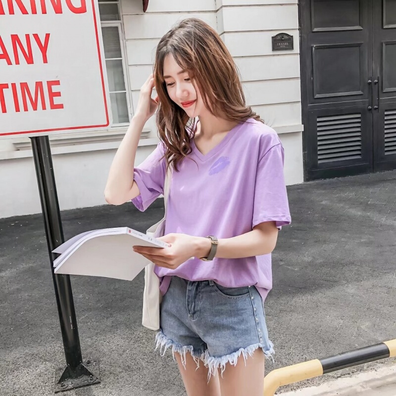 香芋紫色短袖v领t恤女夏2018新款韩版宽松半袖欧货纯棉体恤上衣潮白色