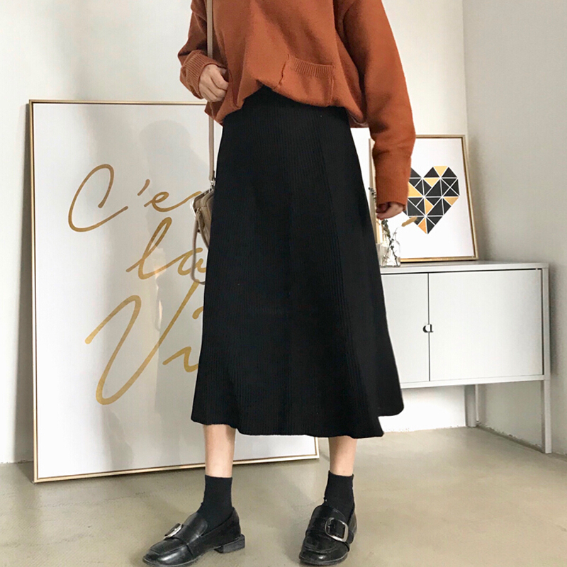 春季新款女装韩版港味复古百搭显瘦高腰半身裙中长款针织裙黑色均码